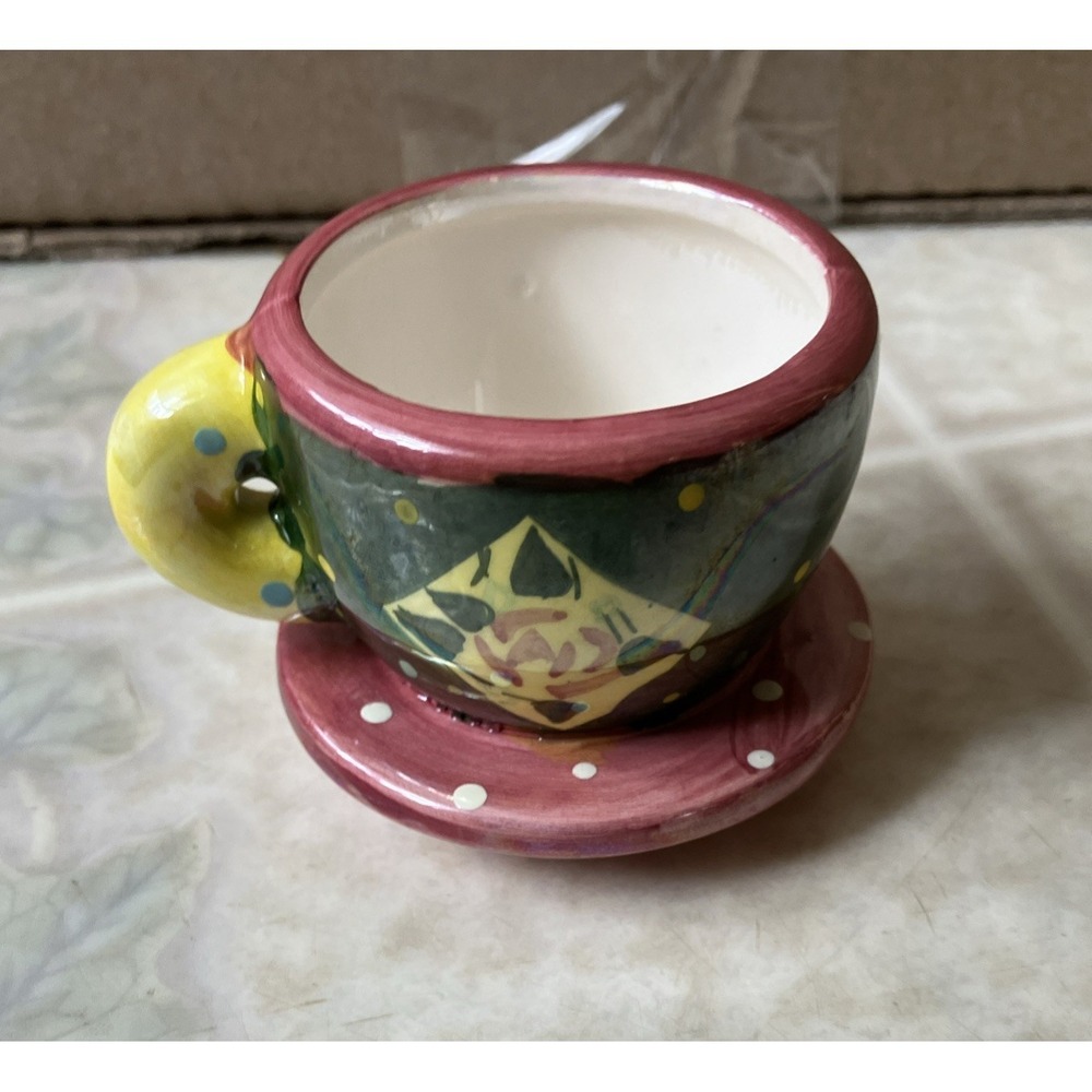 Mary Engelbreit Miniature Tea‎ Cup On Saucer Ornament Rose Luster Polka Dots 2"